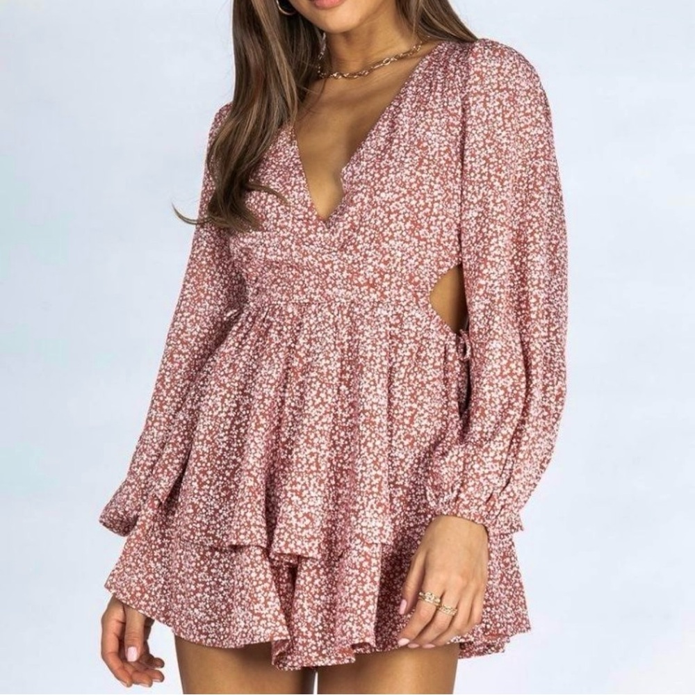 NWOT Princess Polly Astro Long Sleeve Tiered Ruffle Cut-Out Romper